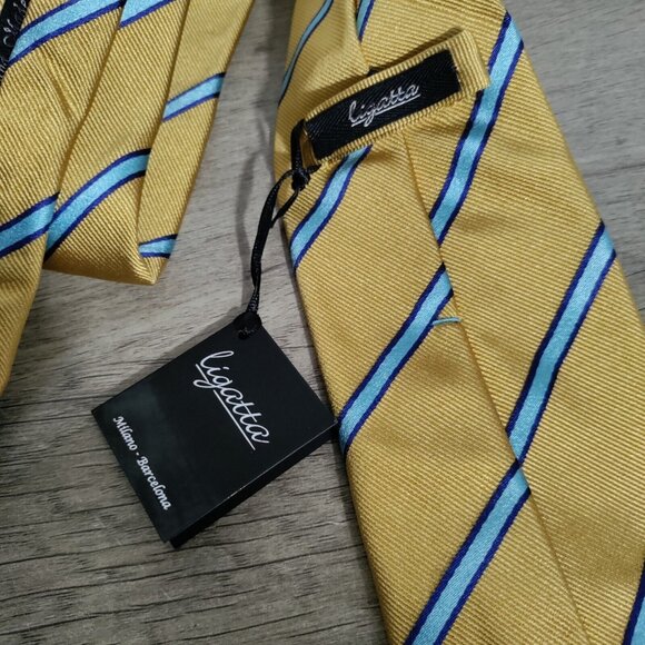 Ligatta NWT Neck Tie in Yellow With Blue‎  Stripes Silk - Picture 2 of 6